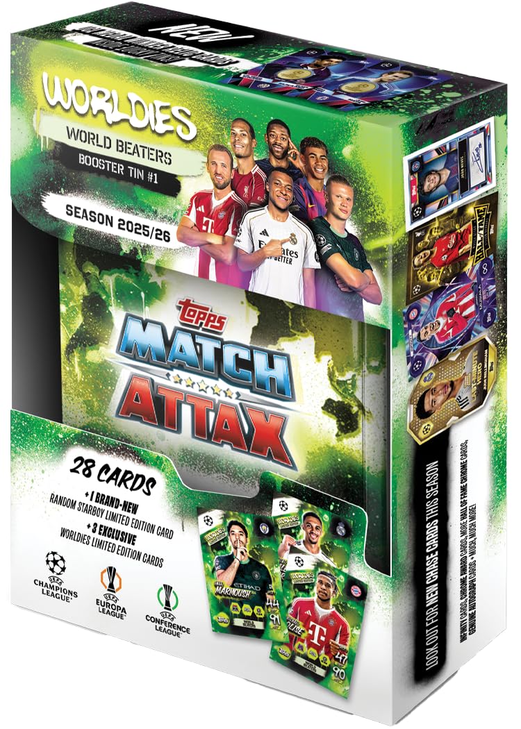 Topps UCC Match Attax 2025/26 - Mini Tin - World Beaters - enthält 28 Match Attax-Karten Plus eine zufällige Star Boy LE und 3 Exklusive „Worldies“-LE-Karten. Angebot bei HelloDeals