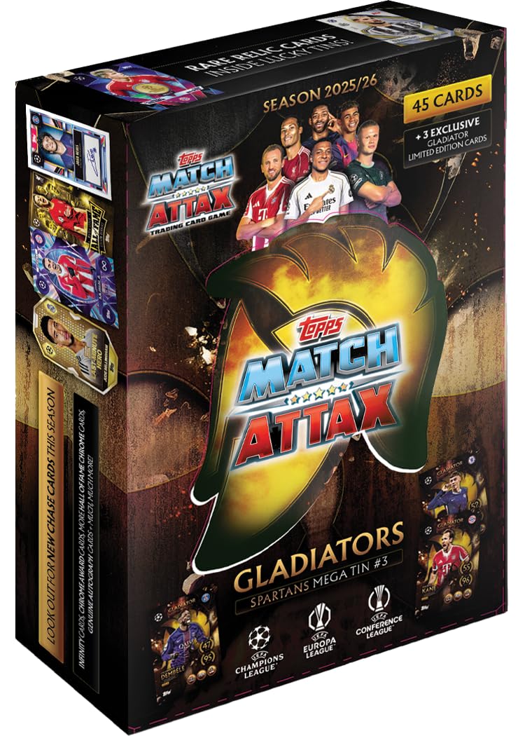 Topps UCC Match Attax 2025/26 - Mega Tin - Spartans - enthält 45 Match Attax-Karten Plus 3 Exklusive Gladiators LE-Karten. Angebot bei HelloDeals
