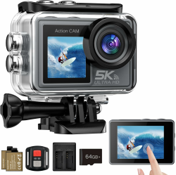 Action Cam 5K/ 4K, 50MP 30M/98FT wasserdichte Unterwasserkamera mit 64GB SD Karte, EIS, WiFi, 170° Ultra-Weitwinke Action Kamera–Ideal für Fahrrad, Schnorcheln, Motorrad, helmkamera Angebot bei HelloDeals