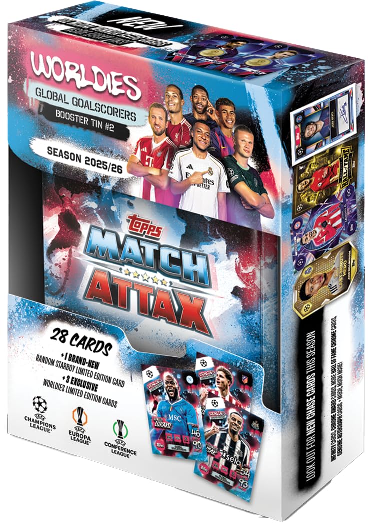 Topps UCC Match Attax 2025/26 - Mini Tin - Global Goalscorers - enthält 28 Match Attax-Karten Plus eine zufällige Star Boy LE und 3 Exklusive „Worldies“-LE-Karten. Angebot bei HelloDeals