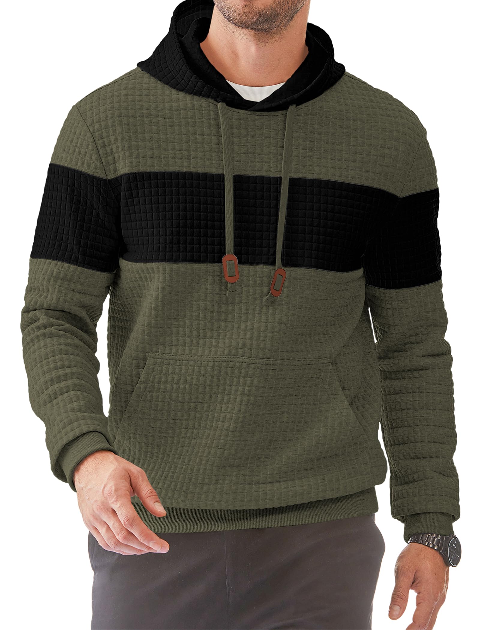JMIERR Kapuzenpullover Herren Pullover Langarm Hoodie Herren Warm Jacquard Casual Farbblock Sweatshirt mit Taschen Grün XL Angebot bei HelloDeals