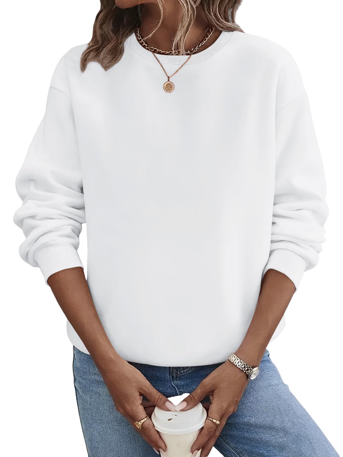 TICTICMIMI Lässige Damen-Sweatshirts mit Rundhalsausschnitt, langärmelig, lockere Passform, Herbst-Shirt L Weiss/Opulenter Garten Angebot bei HelloDeals