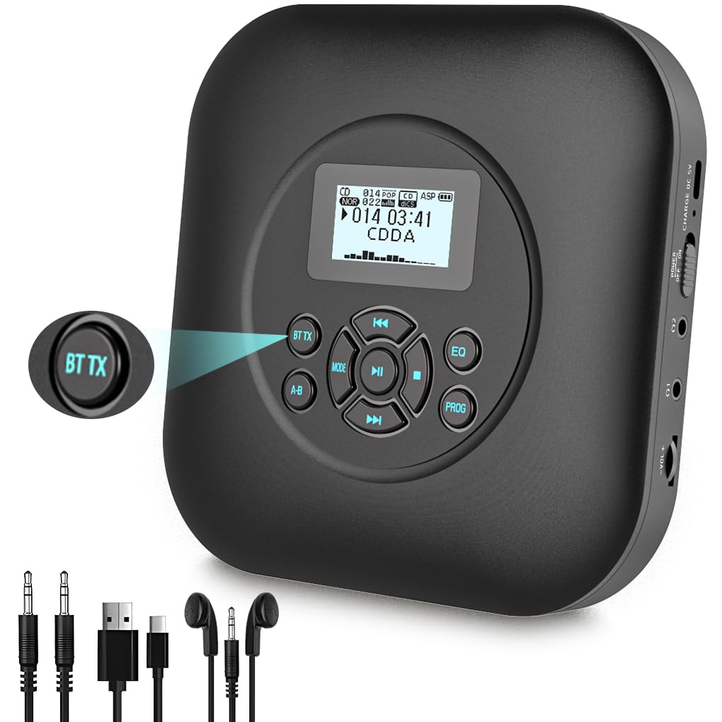 Tragbarer CD Player mit Bluetooth, Wiederaufladbarer CD Player Tragbar Bluetooth mit Lautsprecher Stoßschutz/Anti-Skip-Schutz, AUX-Kabel und Kopfhörer für Haus Auto & Reisen Tragbarer CD Player CD 206 Schwarz Angebot bei HelloDeals
