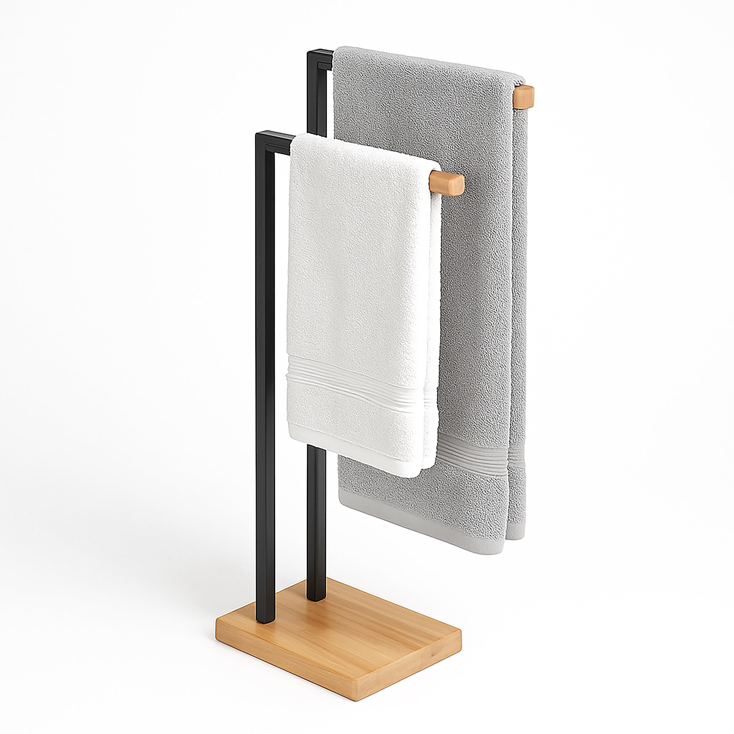 Relaxdays Handtuchhalter stehend, Handtuchständer mit 2 Stangen, für Hand- & Badetücher, Eisen & Bambus, schwarz/Natur Angebot bei HelloDeals
