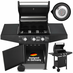 Juskys Gasgrill Louisiana 3 Brenner 8,1 kW – BBQ Grillwagen mit Deckel, Grillrost & Warmhalterost, Grill mit Thermometer, Seitenablagen & Abdeckplane Angebot bei HelloDeals