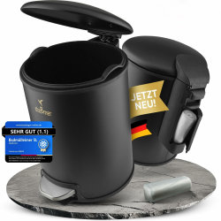 Badezimmer Mülleimer klein schwarz matt 5 Liter – geruchsdichter kleiner Mülleimer Bad, Treteimer 5l + Deckel, Beutelfach, rutschfest, Soft‑Close, Badmülleimer 5l/Kosmetikeimer schwarz für WC Angebot bei HelloDeals