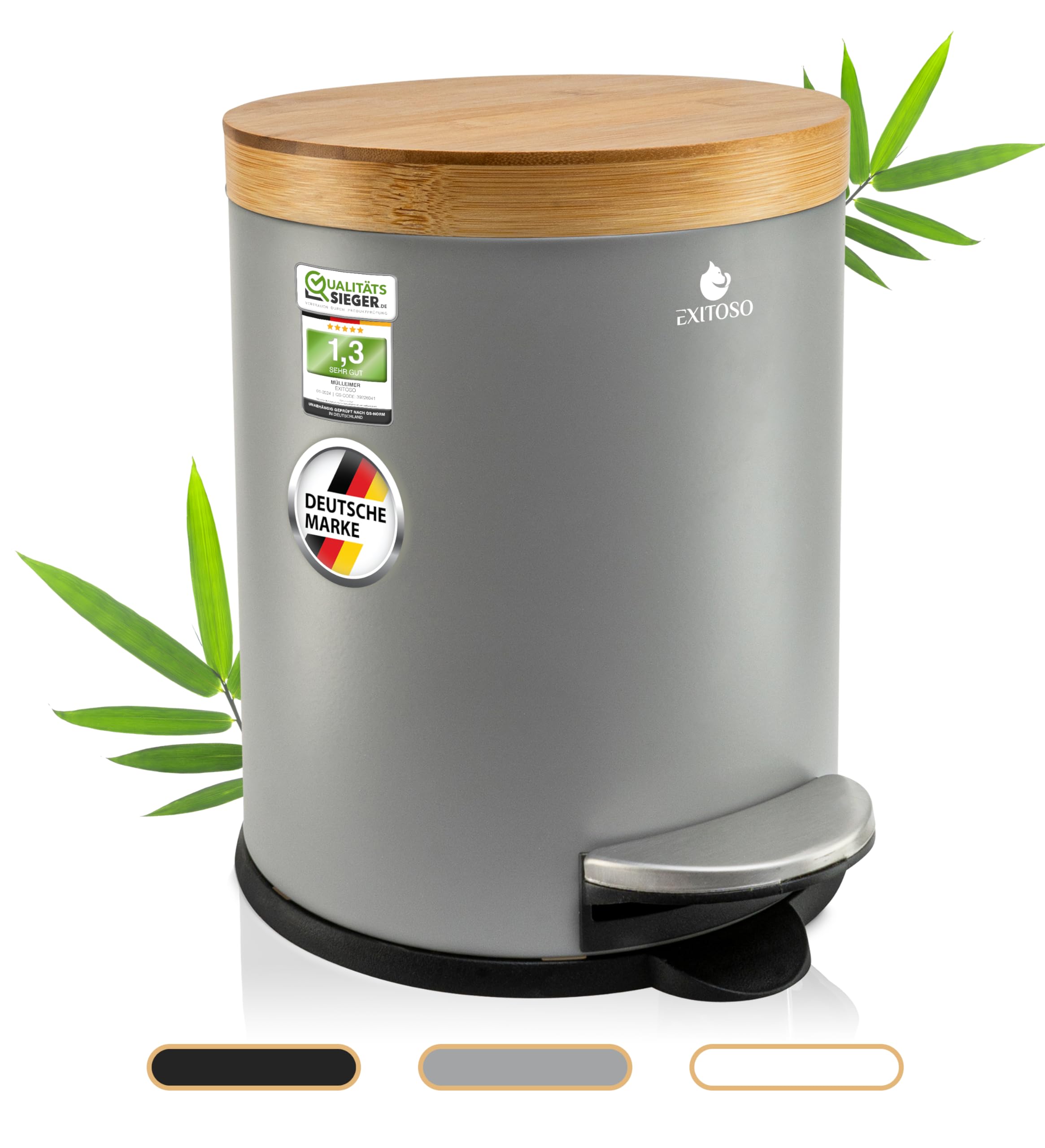 Exitoso 5L Mülleimer Bad Grau - Kosmetikeimer mit Bambus-Holzdeckel und Absenkautomatik - mit Rutschfest Pad - Tretmülleimer Bad aus Edelstahl - Badmülleimer - Badezimmer Mülleimer Angebot bei HelloDeals