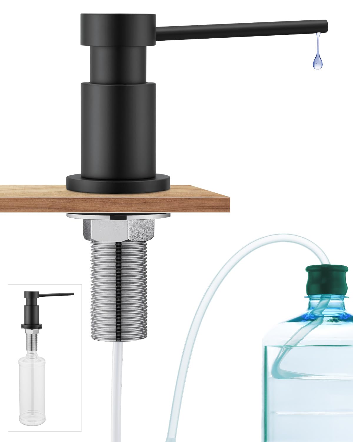 Seifenspender Schwarz Küche, Spülmittelspender Einbau mit Edelstahlmuttern, Seifenspender Edelstahl mit 300ml Flasche und 1,25m Verlängerungsschlauch, Soap Dispenser aus Kupfer, Schwarz Matt Angebot bei HelloDeals