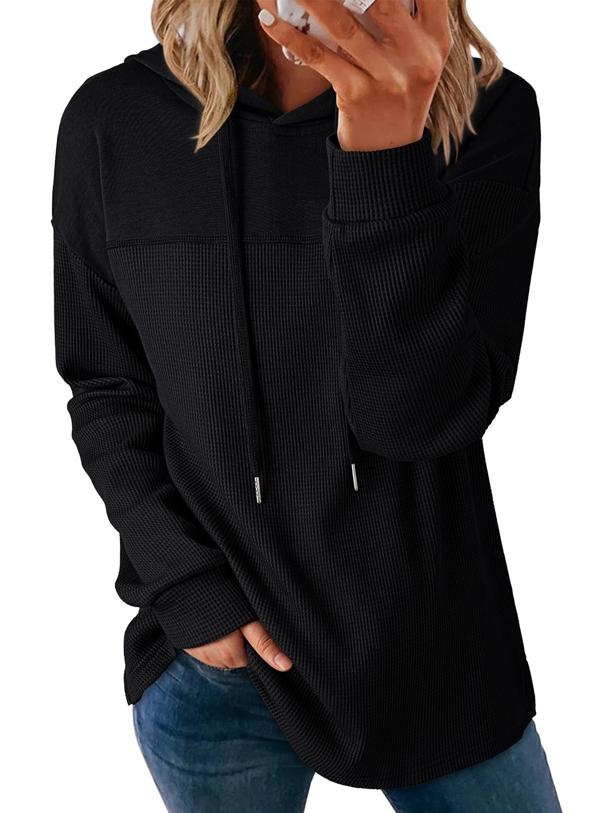 Hoodie Damen Mit Kapuze Langarm Pullover Rundhals Waffle Einfarbig Kordelzug Kapuzenpullover Strick Casual Oversize Schwarz XXL Angebot bei HelloDeals