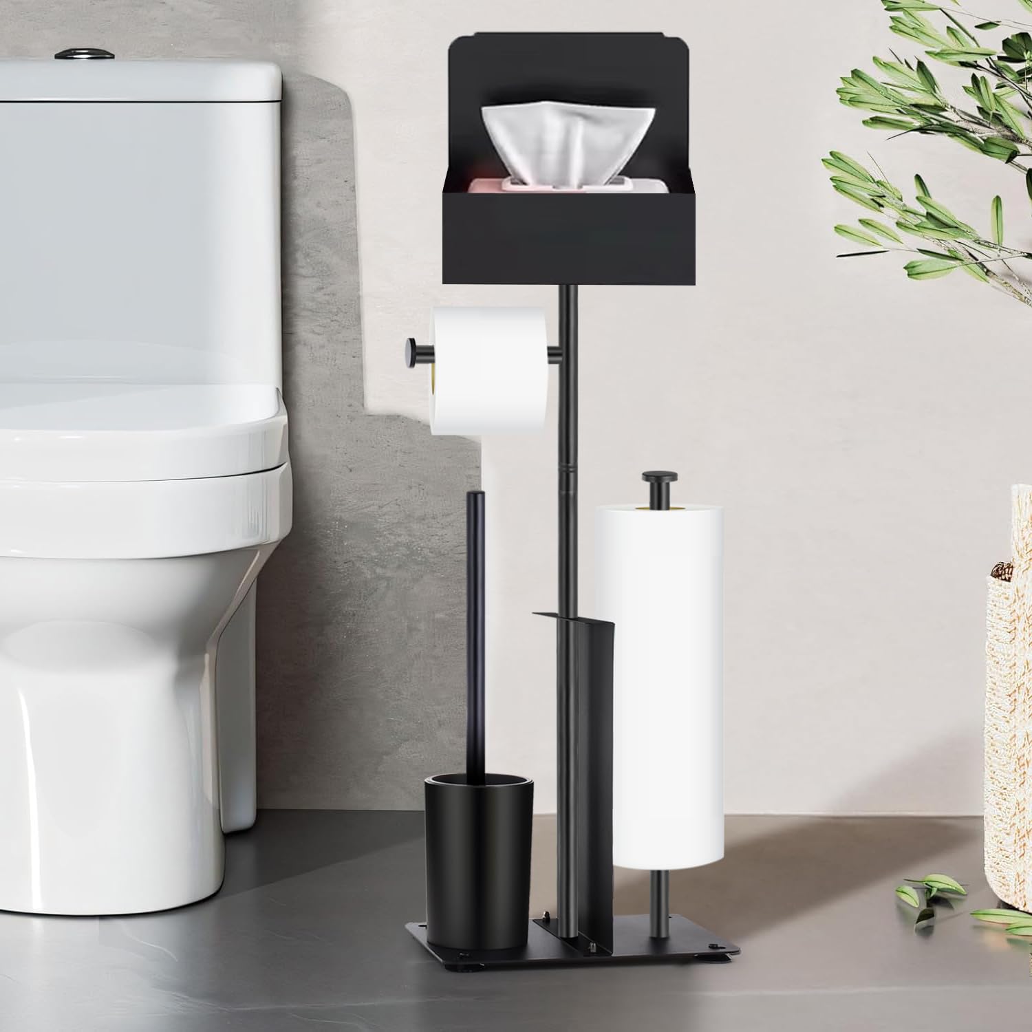 Toilettenpapierhalter Stehend mit WC Bürste - Edelstahl Schwarz Garnitur mit Klopapierhalter und Klobürste, Ohne Bohren, Toilettenbürste und Klorollenhalter mit Feuchttücherbox Angebot bei HelloDeals