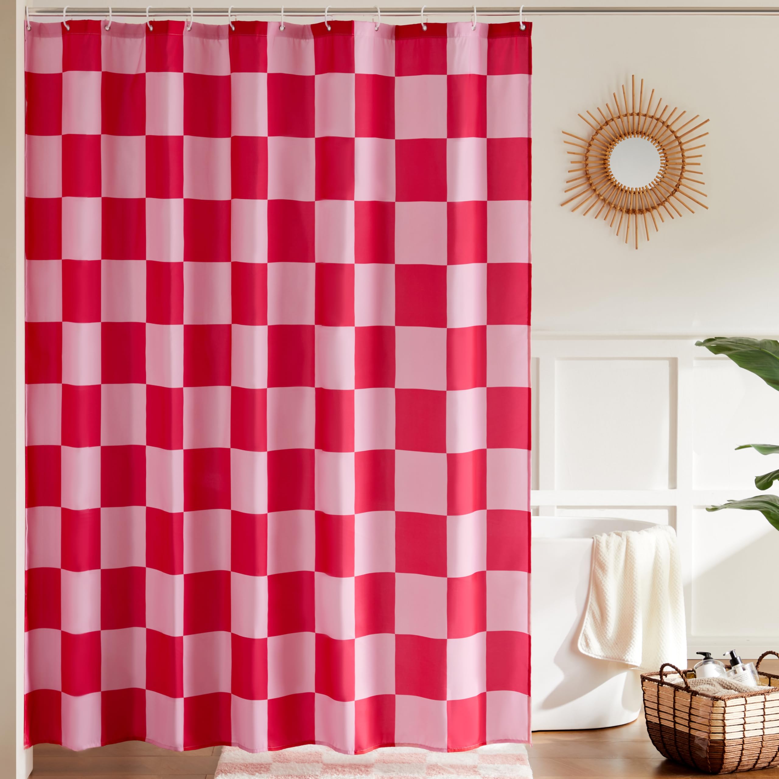 karierter Duschvorhang für Badezimmer, hübsches Retro-Schachbrettmuster, Duschgardine in Vintage-Ästhetik, maschinenwaschbar, Stoffduschvorhang, Rosafarben, 183 x 183 cm Doppel-pink Angebot bei HelloDeals