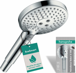 hansgrohe Raindance Select S - wassersparender Duschkopf 9 l/min (EcoSmart), Handbrause mit 3 Strahlarten, runde Duschbrause (⌀ 120 mm), Sparduschkopf mit Antikalk-Funktion, Chrom Chrom 3 wassersparende Strahlarten Angebot bei HelloDeals