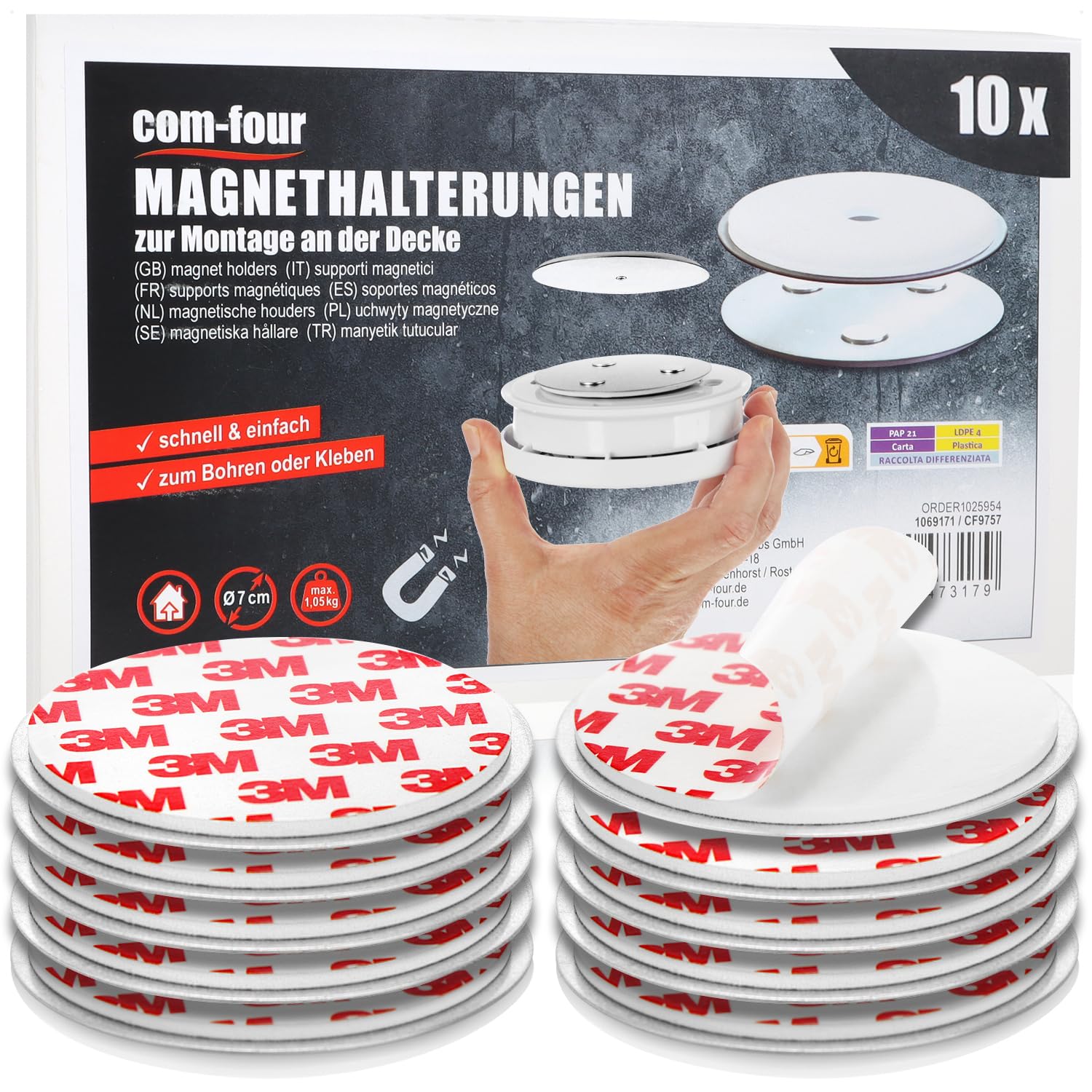 com-four® 10x Magnethalterung für Sicherheitsmelder - Halterung zum Kleben oder Bohren - Befestigung mit extra starken Klebepads für Rauchmelder - magnetische Aufhängung (10 Stück - silberfarben) Angebot bei HelloDeals