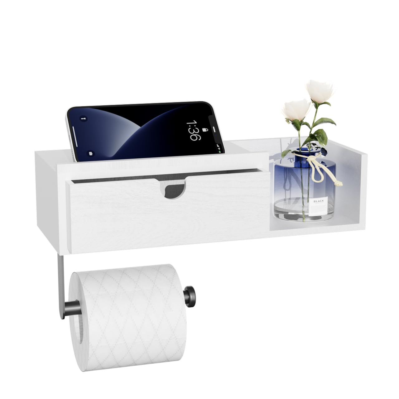 HapiRm Toilettenpapierhalter Ohne Bohren mit Ablage - Klopapierhalter mit Ablage Klorollenhalter Ohne Bohren, Hohe Speicherkapazität Toiletenpapierhalterung Toilettenrollenhalter Holz für Badezimmer Weiß Angebot bei HelloDeals