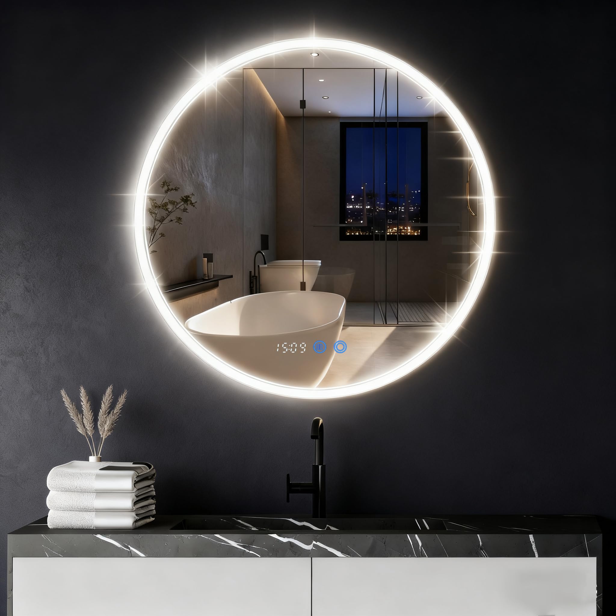 YOURLITE Runder Badspiegel mit Beleuchtung 60cm, LED Badezimmerspiegel mit Beleuchtung, 3 Lichtfarben Dimmbar, Wandspiegel mit Touch-Schalter, Abnehmbar Band, Antibeschlag, Speicherfunktion, IP44 Silber Angebot bei HelloDeals