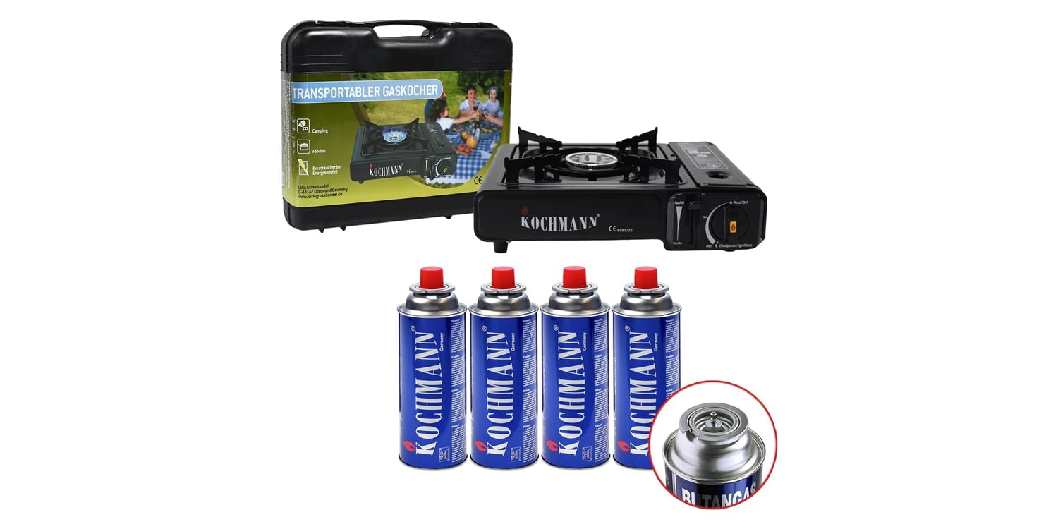 Kochmann Gaskocher 4 x Gaskartuschen Tragekoffer Campingkocher Gas Camping Kocher MSF-1a Kartusche 1 flammig Angebot bei HelloDeals
