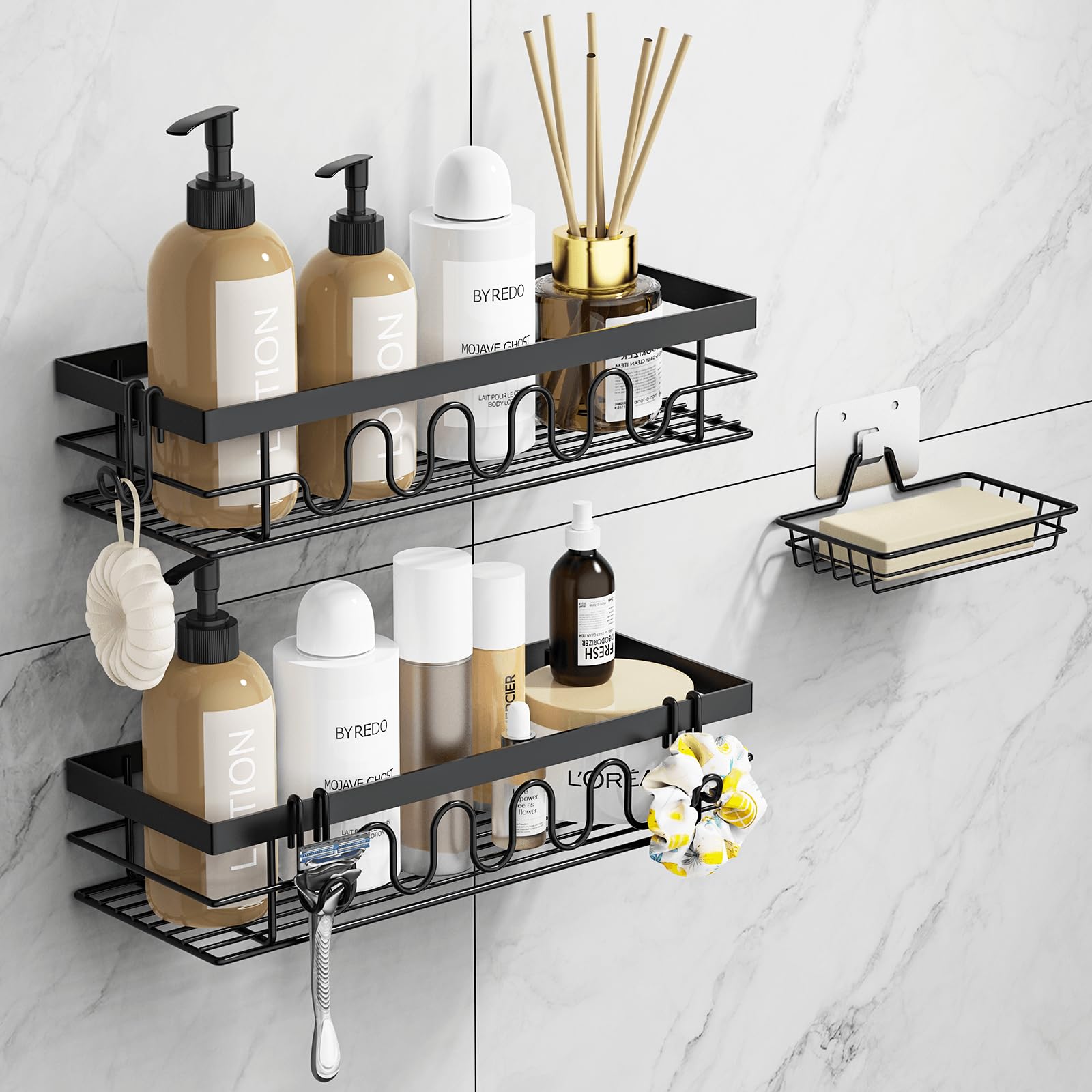 Duschablage Ohne Bohren, 3-TLG Duschorganizer mit Verstellbaren Körben, Rostfrei - Maximaler Stauraum mit Seifenhalter & 3 Haken für Dusch Freie Kombination Angebot bei HelloDeals