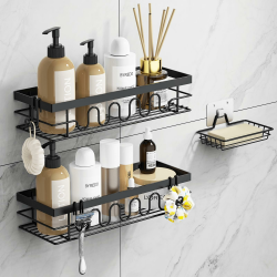 Duschablage Ohne Bohren, 3-TLG Duschorganizer mit Verstellbaren Körben, Rostfrei - Maximaler Stauraum mit Seifenhalter & 3 Haken für Dusch Freie Kombination Angebot bei HelloDeals