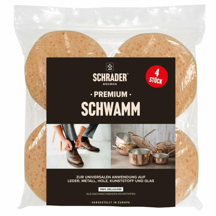 Schrader Premium Schwamm - Universalschwamm aus Viskose - zum Auftragen, Reinigen und Auspolieren - beige - 8 x 3 cm - 4 Stück - Made in Germany Angebot bei HelloDeals