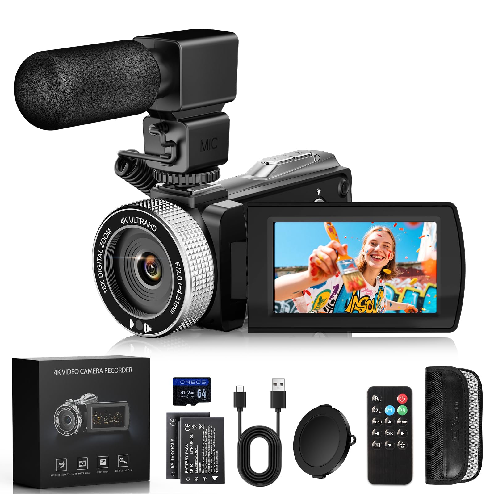Videokamera 4K 48MP Camcorder mit IR-Nachtsicht, 18X Digital Zoom 3.0'' 270° Rotation Touch-Screen Vlogging Kamera für YouTube Tiktok mit Fernbedienung, Mikrofon, 64 GB TF Karte, 2 Batterien HDV920PRO Angebot bei HelloDeals
