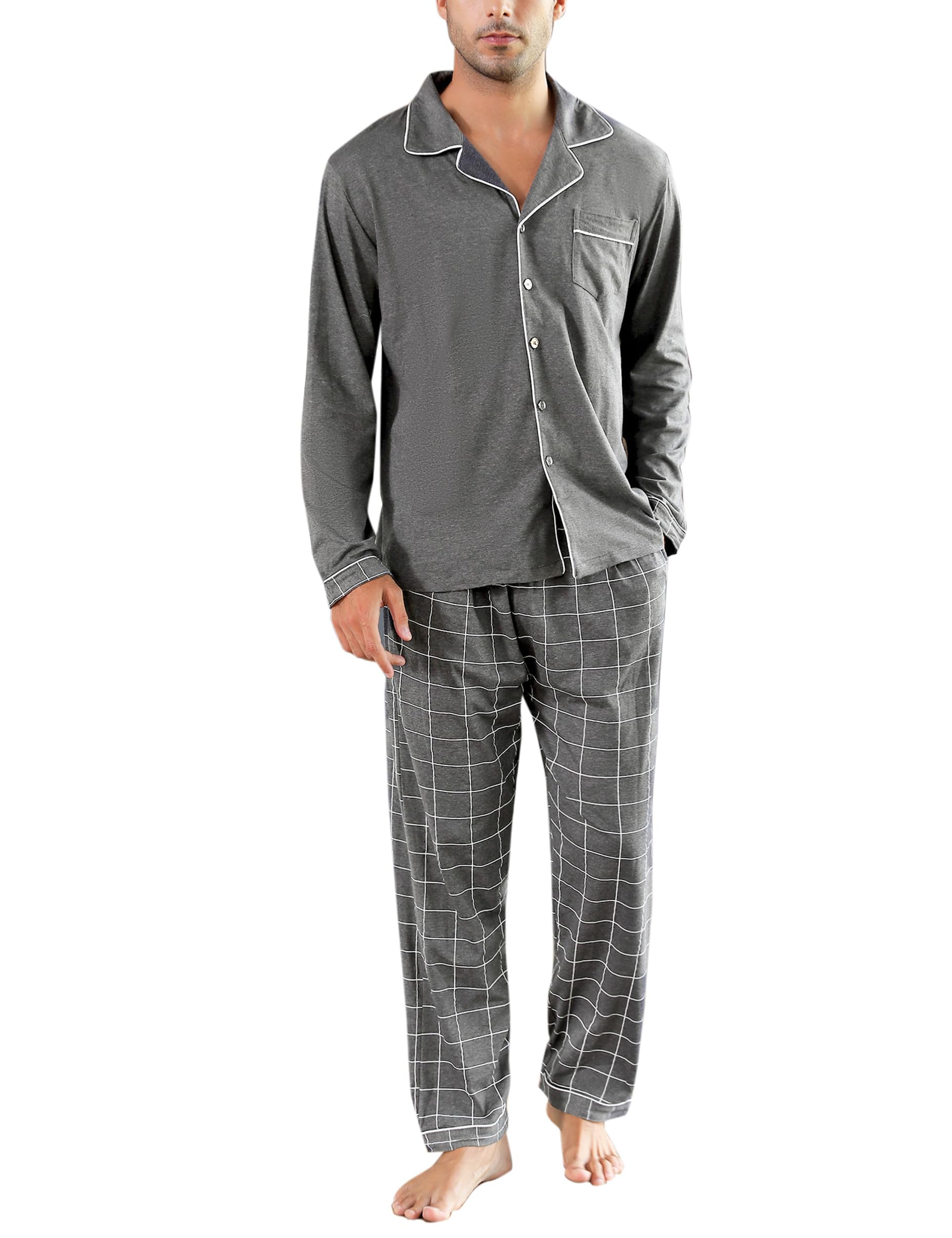Schlafanzug Herren Lang Knopfleiste Kariert aus Baumwolle Zweiteiliger Reverskragen Pyjama Set Winter Schlafanzüge für Männer XXL Dunkelgrau M763 Angebot bei HelloDeals