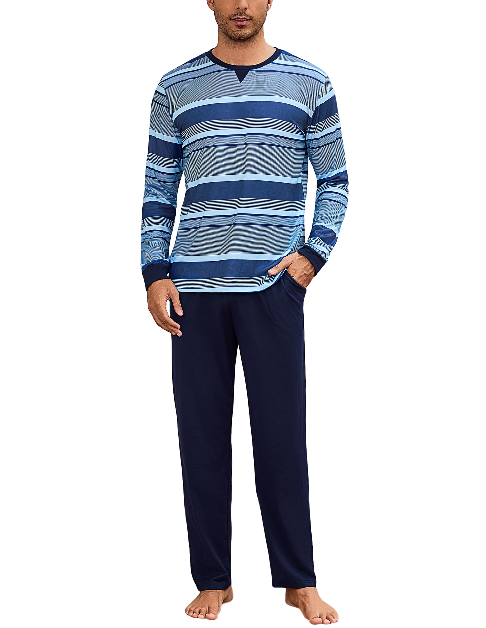 Schlafanzug Herren Lang Baumwolle Pyjama Herren Langarm mit Kontraststreifen Winter Pyjama Set für Männer Zweiteiliger Nachtwäsche L Marineblau + Hellblau Angebot bei HelloDeals