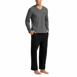 MoFiz Herren Schlafanzüge Zweiteilig Lang Pyjama Set Weich Nachtwäsche Langarm Bambus Sleepwear mit V-Ausschnitt L Grau + Schwarz Angebot bei HelloDeals