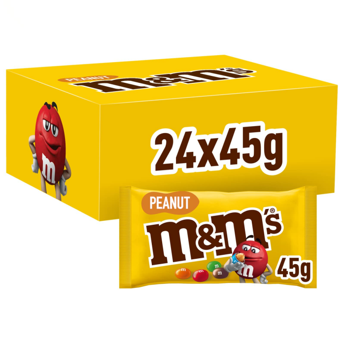 M&M's Peanut, Schokoladen Großpackung als Schokolade, 24 x 45g, Erdnussgeschmack Schokolinsen als Süßigkeiten, Schokoladen Geschenk (1080g) Erdnuss 24x45g Angebot bei HelloDeals