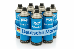 TOM 8 x, 12 x oder 28 x Butangas Kartuschen 227 mit MSF-1A Bajonett Ventil – Die Butan Gas Kartuschen sind ideal beim Camping für Campingkocher, Gaslampe & Co. oder für Unkrautbrenner, Flächenbrenner 8 Dosen Butan Gaskartuschen Angebot bei HelloDeals