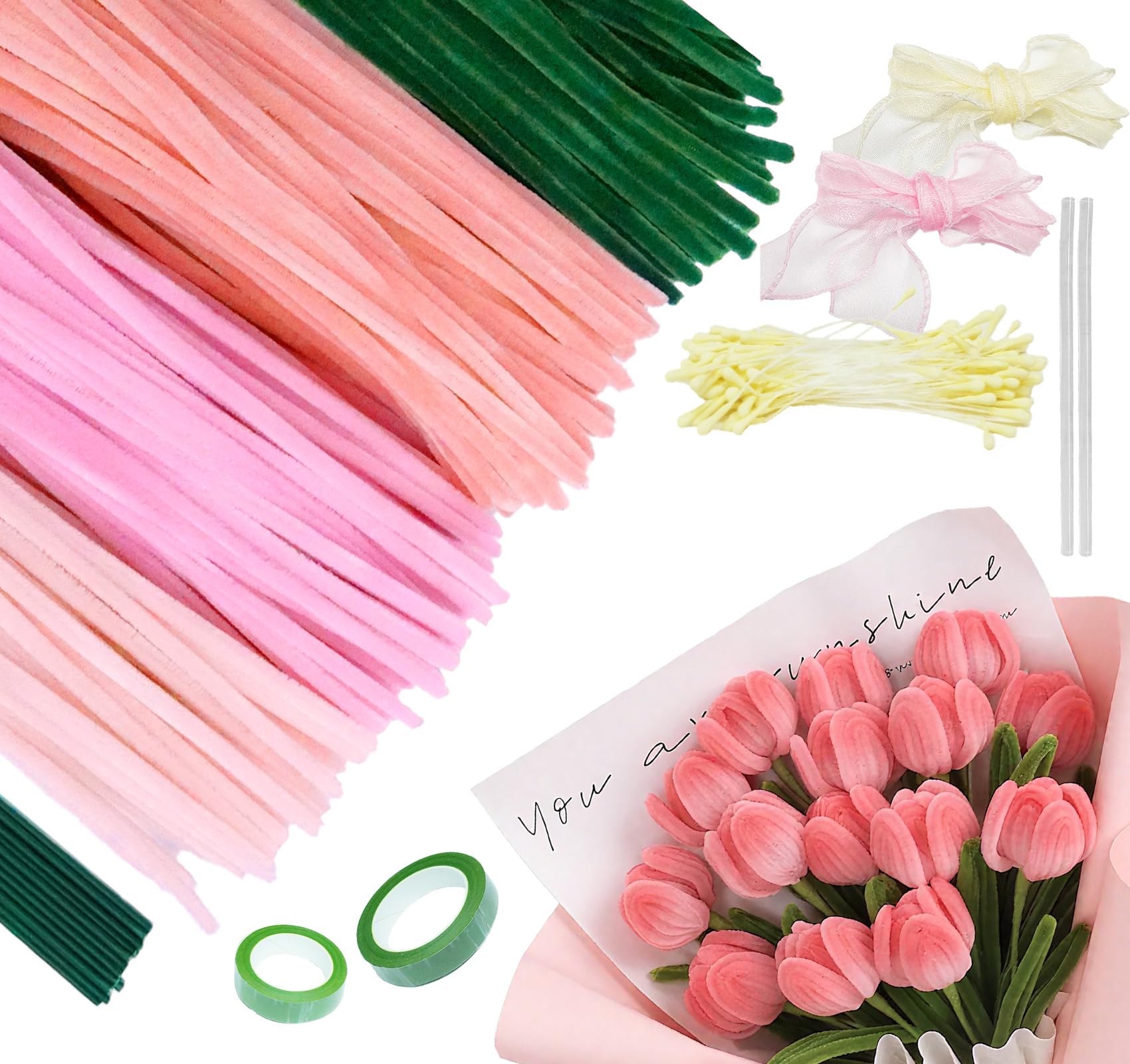 Homewit Rosa Tulip Pfeifenreiniger Blumen Set, 400 Stück Pfeifenputzer zum Basteln 4 Farben Pipe Cleaner mit Floristenband, Blumendraht, Klebeband, DIY Blumenstrauß (Hellrosa, Blassrosa, Grün) Rosa,hellrosa, Blassrosa, Grün Angebot bei HelloDeals