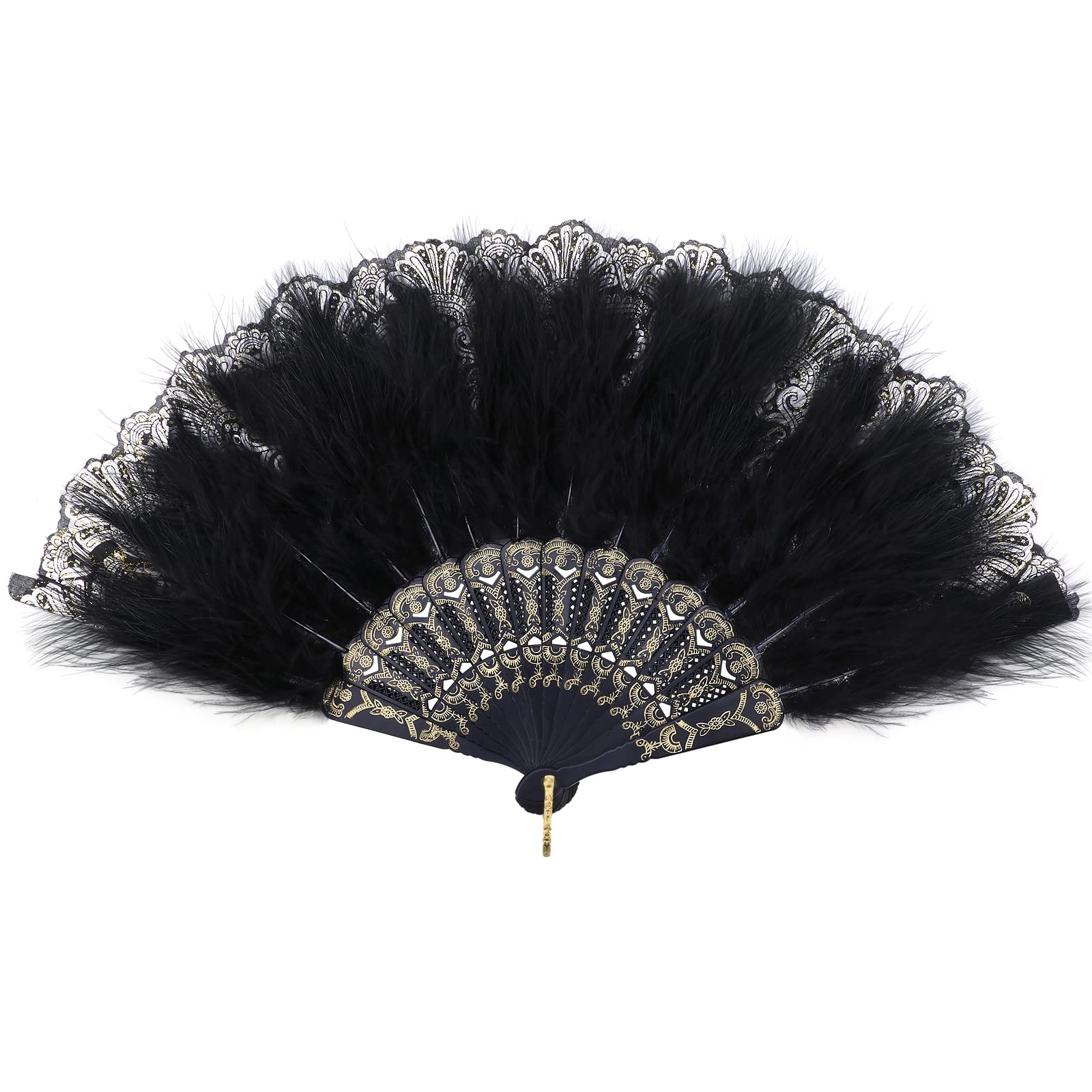 Mwoot Damen Fächer Feder, Embroidered Flower Marabou Feather Fan, 1920s Vintage Style Folding Handheld Feather Fan, Flapper Hand Fan for Costume Halloween Dancing Wedding Party Prom Tea Party - Black Schwarz Angebot bei HelloDeals