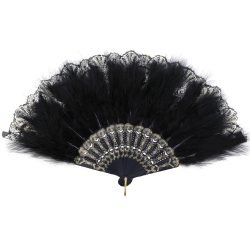 Mwoot Damen Fächer Feder, Embroidered Flower Marabou Feather Fan, 1920s Vintage Style Folding Handheld Feather Fan, Flapper Hand Fan for Costume Halloween Dancing Wedding Party Prom Tea Party - Black Schwarz Angebot bei HelloDeals