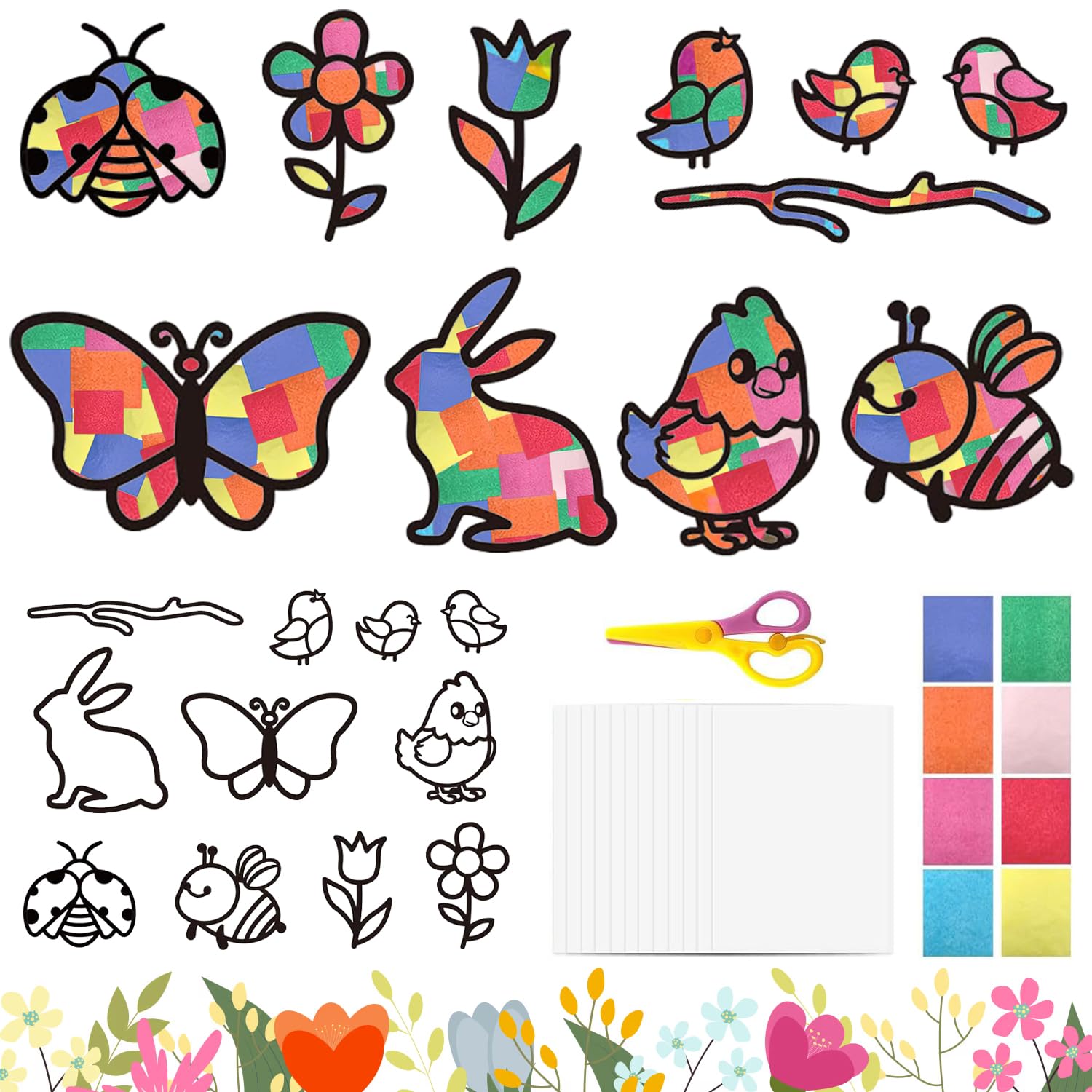 22 Stück Basteln Frühling Ostern Kinder, Fensterbilder Frühling Bastelset mit Blumen, Vögel, Schmetterlinge, Frühlingsdeko Fenster für Ostern, Fenster Dekoration mit Buntglas-Effekt Frühling Set Angebot bei HelloDeals