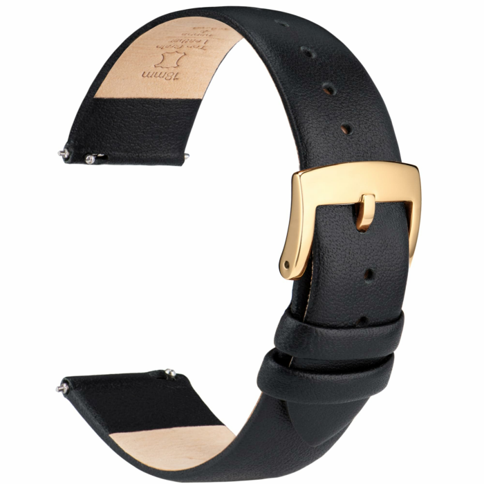 OTTOODY Elegantes & Ultraweiches Leder Uhrenarmband - 12mm, 16mm, 20mm Armband mit Schnellverschluss für Damen & Herren - Hochwertiger Ersatz für Uhr & Smartwatch Schwarz (Goldene Schnalle) 18mm Angebot bei HelloDeals