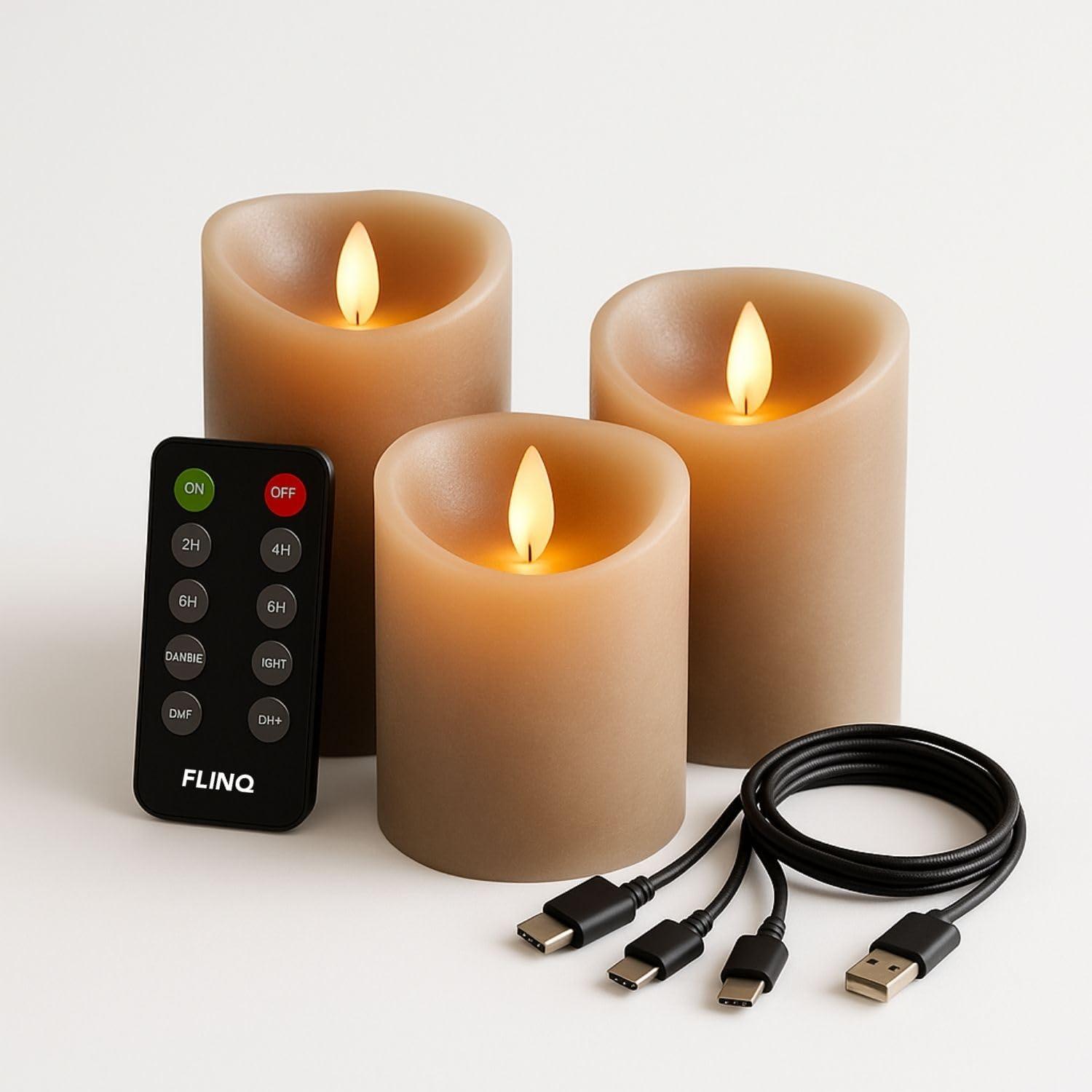 FLINQ LED Stumpenkerzen aus Echtwachs - Aufladbar mit Timerfunktion und Fernbedienung – 3 Stück Wiederaufladbare Kerzen mit Flackernde Flamme Taupe Angebot bei HelloDeals