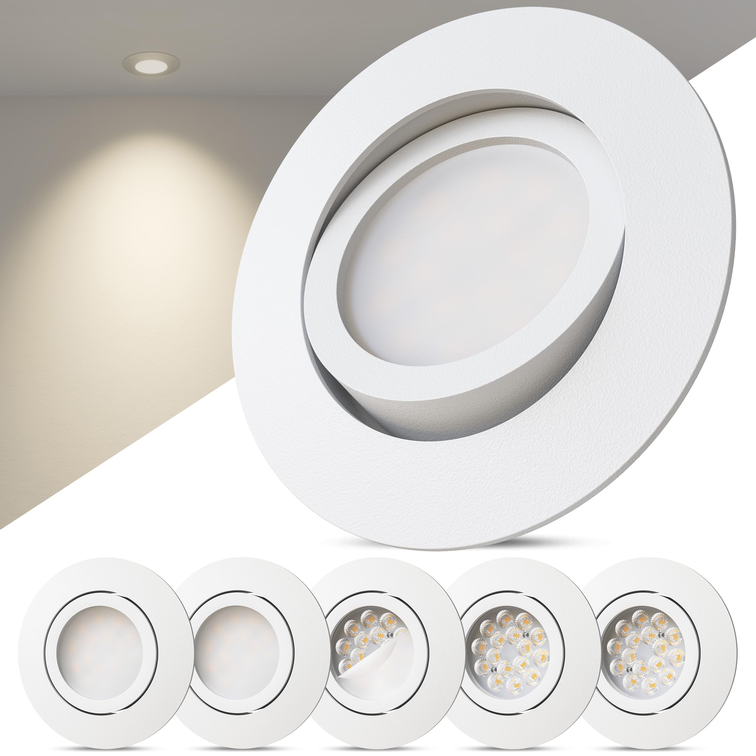 Scandinavian home 6er Set LED Einbaustrahler 230V - Dimmbare LED Spots 230V Warmweiß 3000K, 3,4W 470lm, CRI 90+, 68mm Lochmaß - IP44 Badezimmer Geeignet - Deckenspots Weiß-Matt, Schwenkbar Db-serie [Dimmbar, Schwenkbar] 6er Set Angebot bei HelloDeals