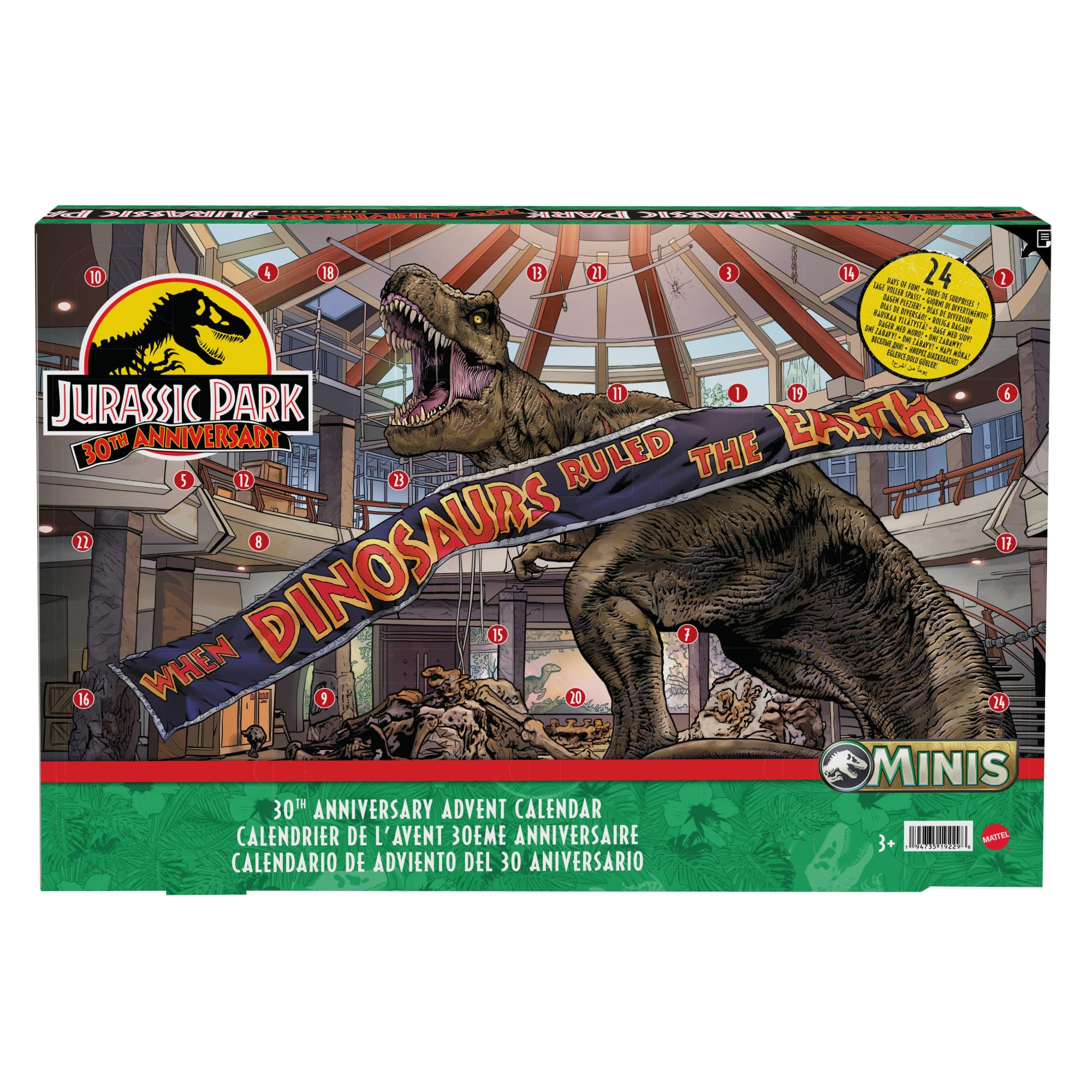 JURASSIC WORLD 30. Jubiläum Adventskalender - 24 Türchen mit Mini-Dinosauriern, Menschenfiguren und Teilen für einen aufregenden Spielbereich, für Kinder ab 4 Jahren, HTK45 Version 1 Angebot bei HelloDeals