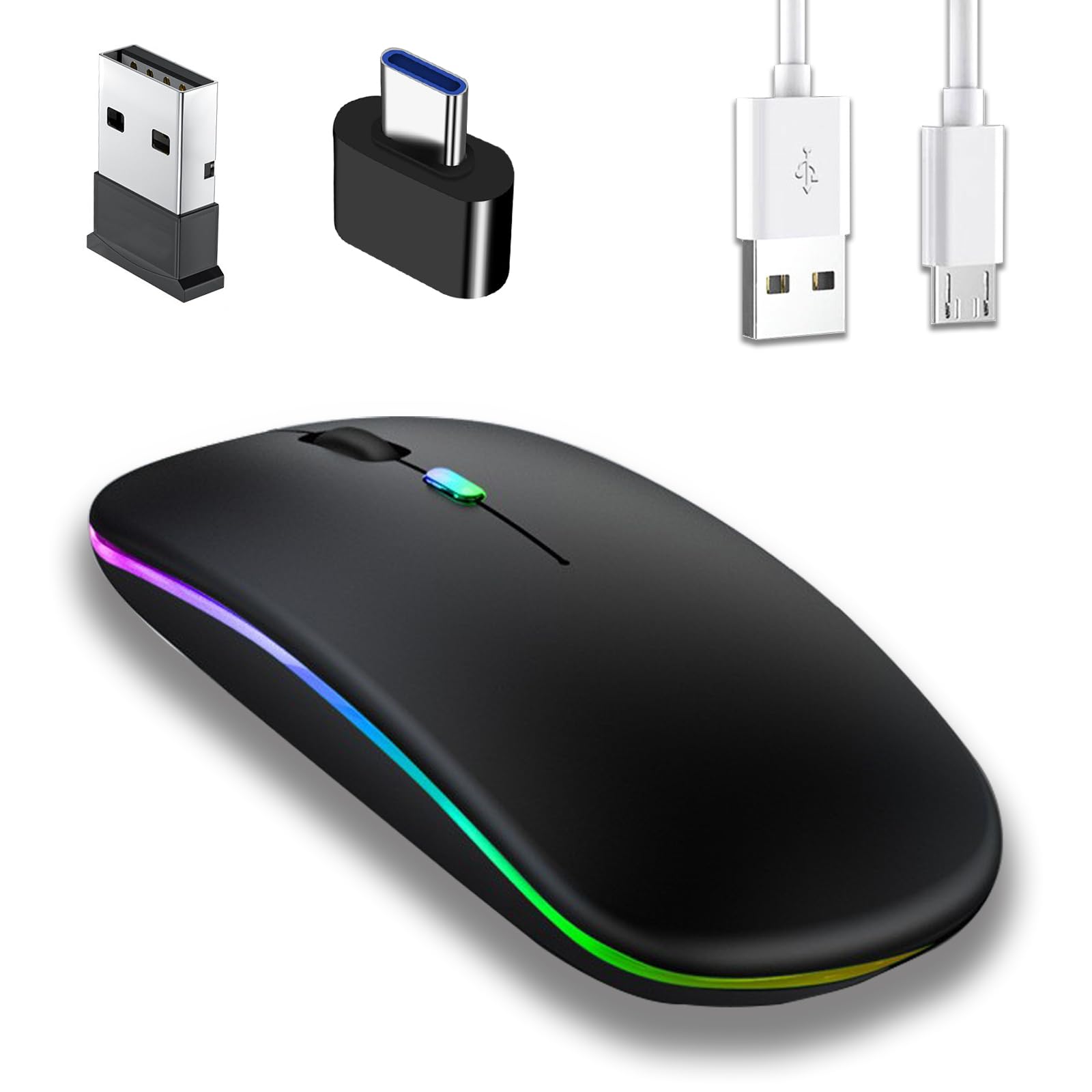 Bluetooth Maus, Maus Kabellos, 2,4 GHz-USB Funkmaus Mit USB-C Adapter, 3 DPI Optical Tracking, Mini Wiederaufladbare LED-Dual-Modus Mouse für PC/Tablet/Andriod/Windows Angebot bei HelloDeals