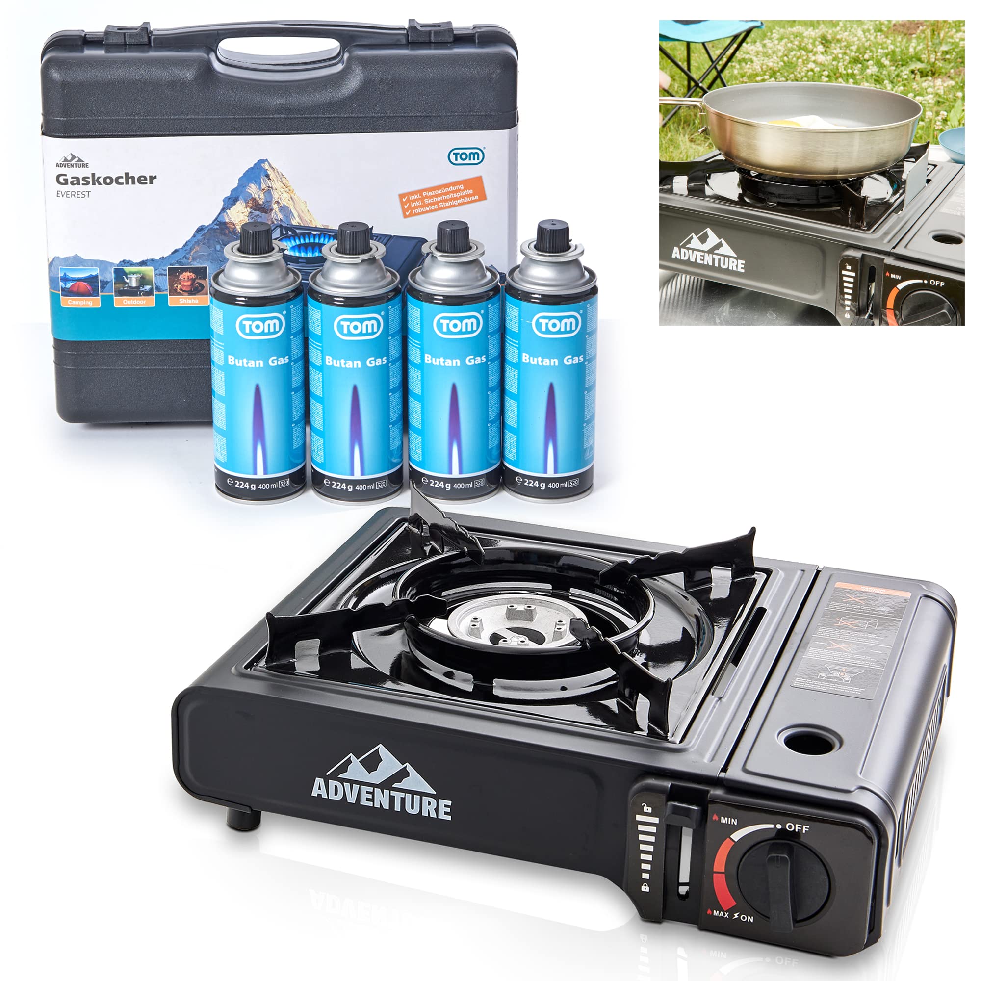 TOM Adventure Gas Campingkocher Set mit 4 x Butangas Kartusche und Koffer – Piezo-Zündung – Campinggaskocher mit Gaskochfeld (1 - flammig) für Ihre Outdoor Aktivitäten mit 4 Gaskartuschen Angebot bei HelloDeals