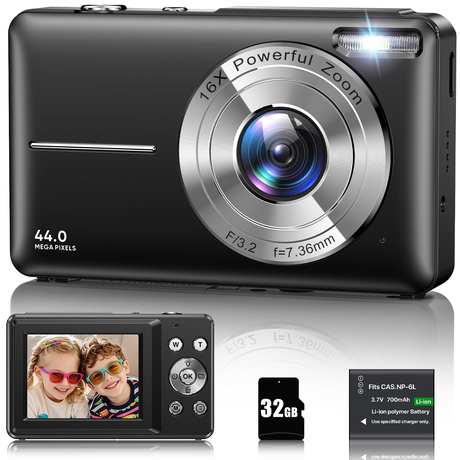 Digitalkamera 1080P 44MP Fotokamera 16X Digitalzoom Kamera, Vlogging Fotoapparat Kompaktkamera mit 2,4" LCD Bildschirm, 32G Micro Speicherkarte, 1 Akku für Kinder Teenager Studenten Anfänger-Schwarz Angebot bei HelloDeals