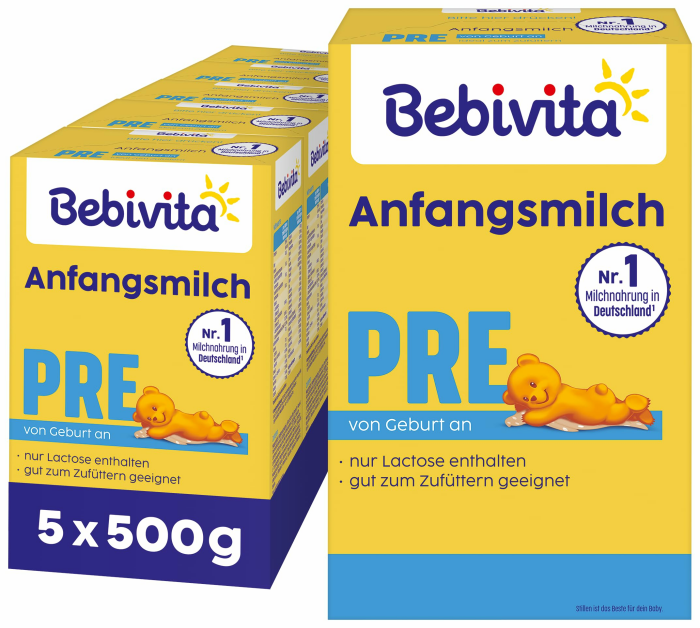 Bebivita PRE Anfangsmilch (5 x 500g), von Geburt an, enthält nur Lactose als Kohlenhydrat, gut zum Zufüttern Angebot bei HelloDeals