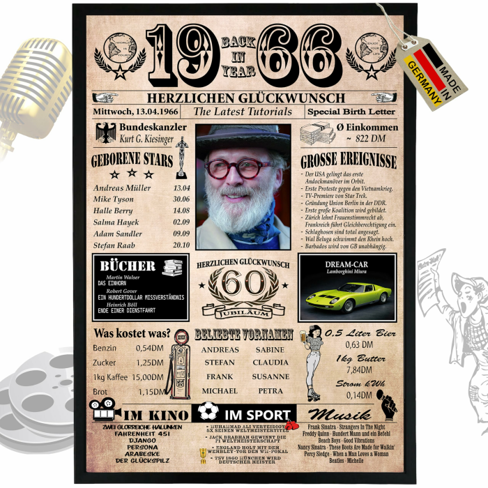 DUOMIO 1966-6 Felder PERSONALISIERBAR! zum 60. Geburtstag Mann & 60. Geburtstag Frau - Ausdruck auf 400g/m² Premium Papier - Geschenke zum 60. Geburtstag & Deko - Back in Year 60.Geburtstag/1966 Angebot bei HelloDeals