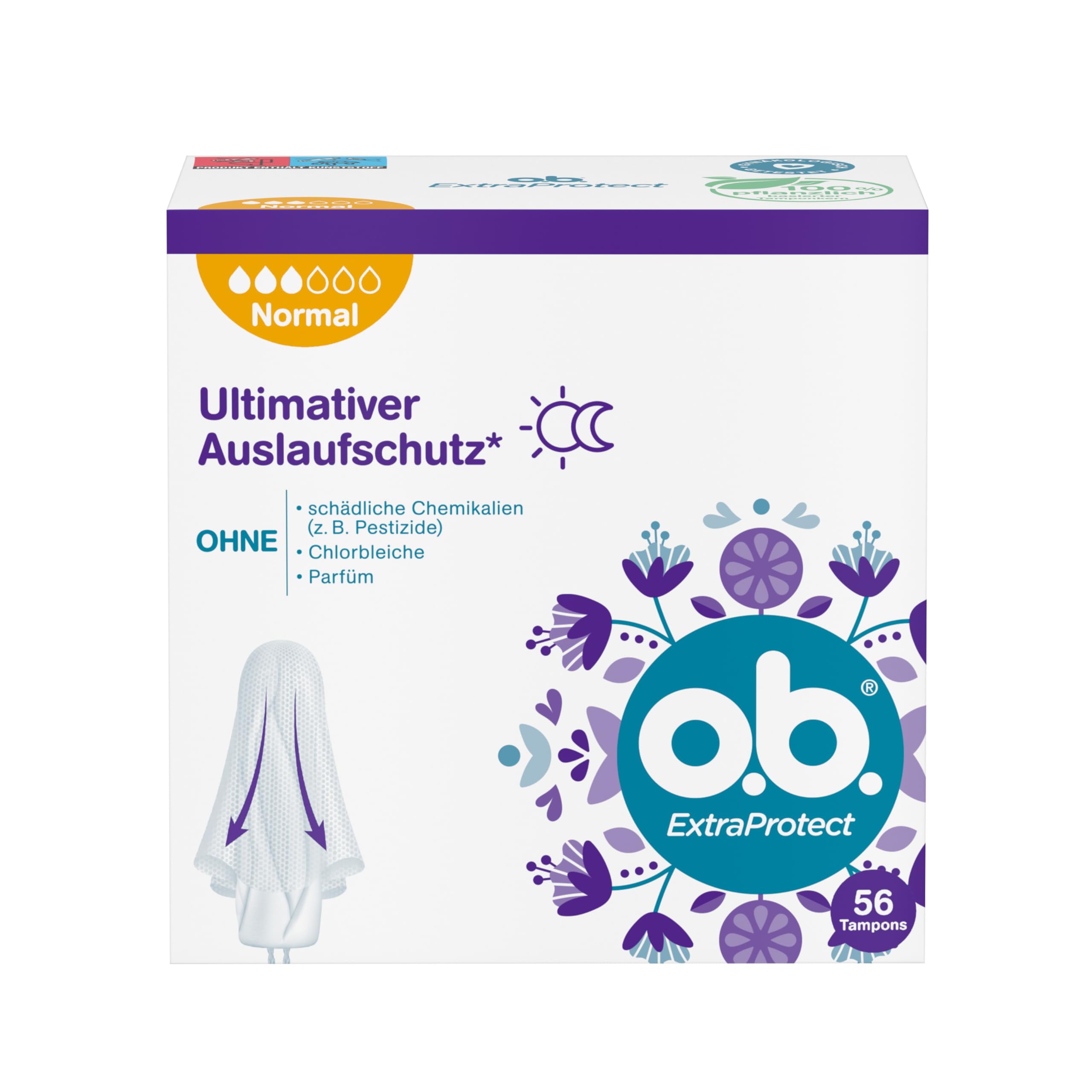 o.b. ExtraProtect Normal Tampons 56 Stk., Tampontechnologie mit extra Schutzflügel und Dynamic Fit Technologie für Tag und Nacht, 100 Prozent Auschlaufschutz 1x 56 Angebot bei HelloDeals