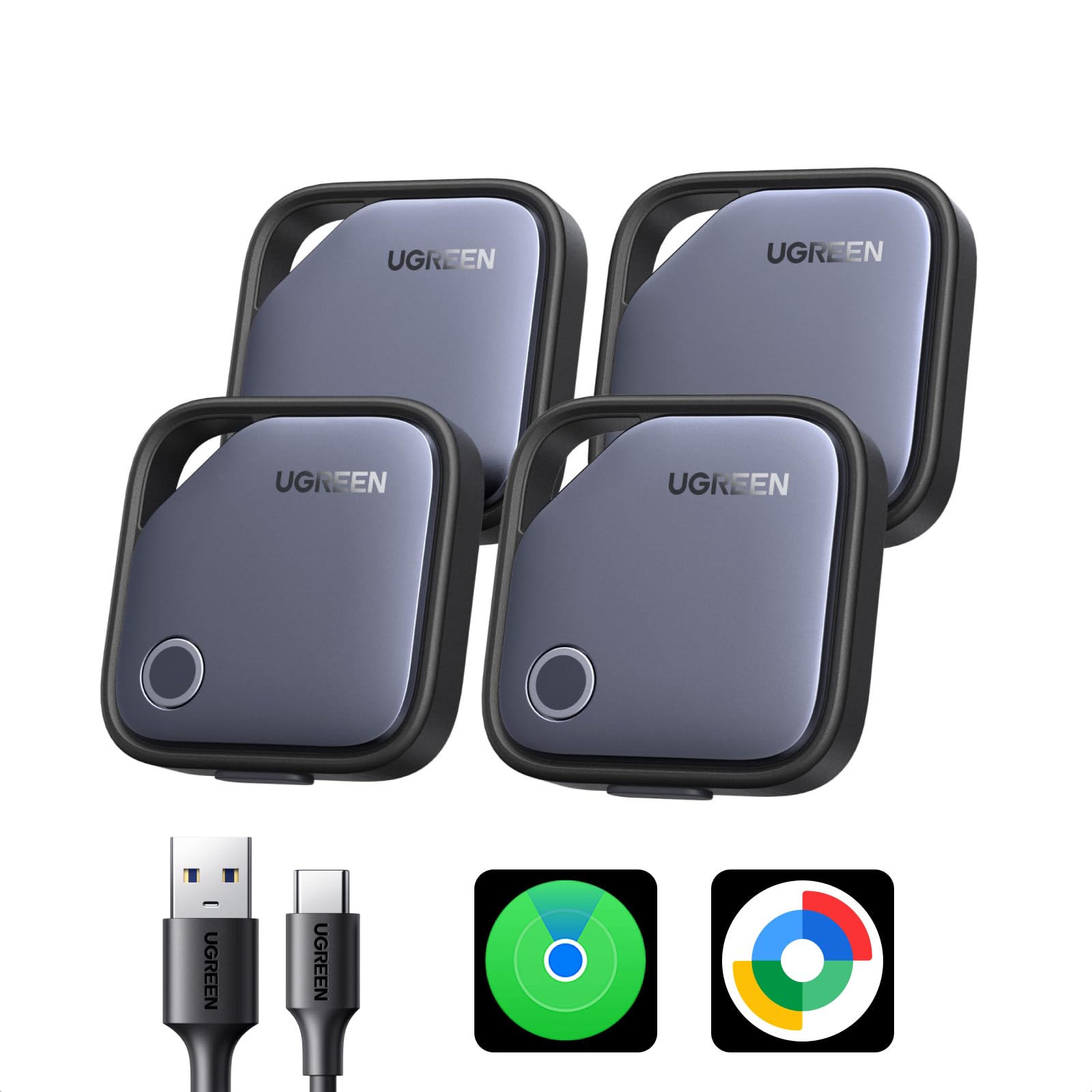 UGREEN FineTrack Duo 4er Pack für iOS oder Android, USB C aufladbarer Tracker kompatible mit Apple Find My oder Google Find Hub, Schlüsselfinder und Smarttag für Backpack, Koffer, Pass usw. Angebot bei HelloDeals