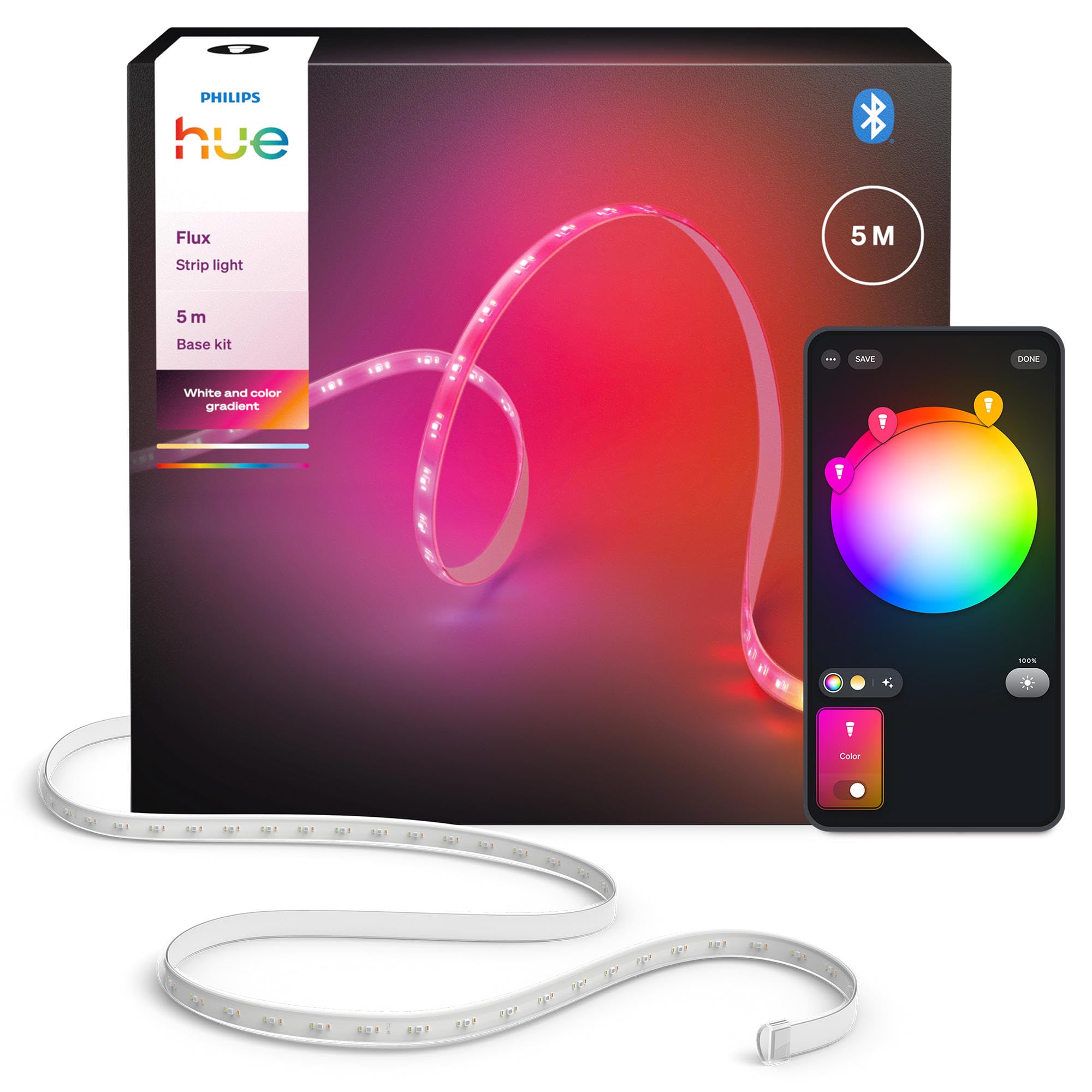 Philips Hue Flux 5m LED-Lightstrip, 1200 lm, lebendige Farben, flexible Innenbeleuchtung, Chromasync™-Farbmischung, RGBWWIC, zuschneidbar, erweiterbar, wiederverwendbar, App- und Sprachsteuerung Angebot bei HelloDeals