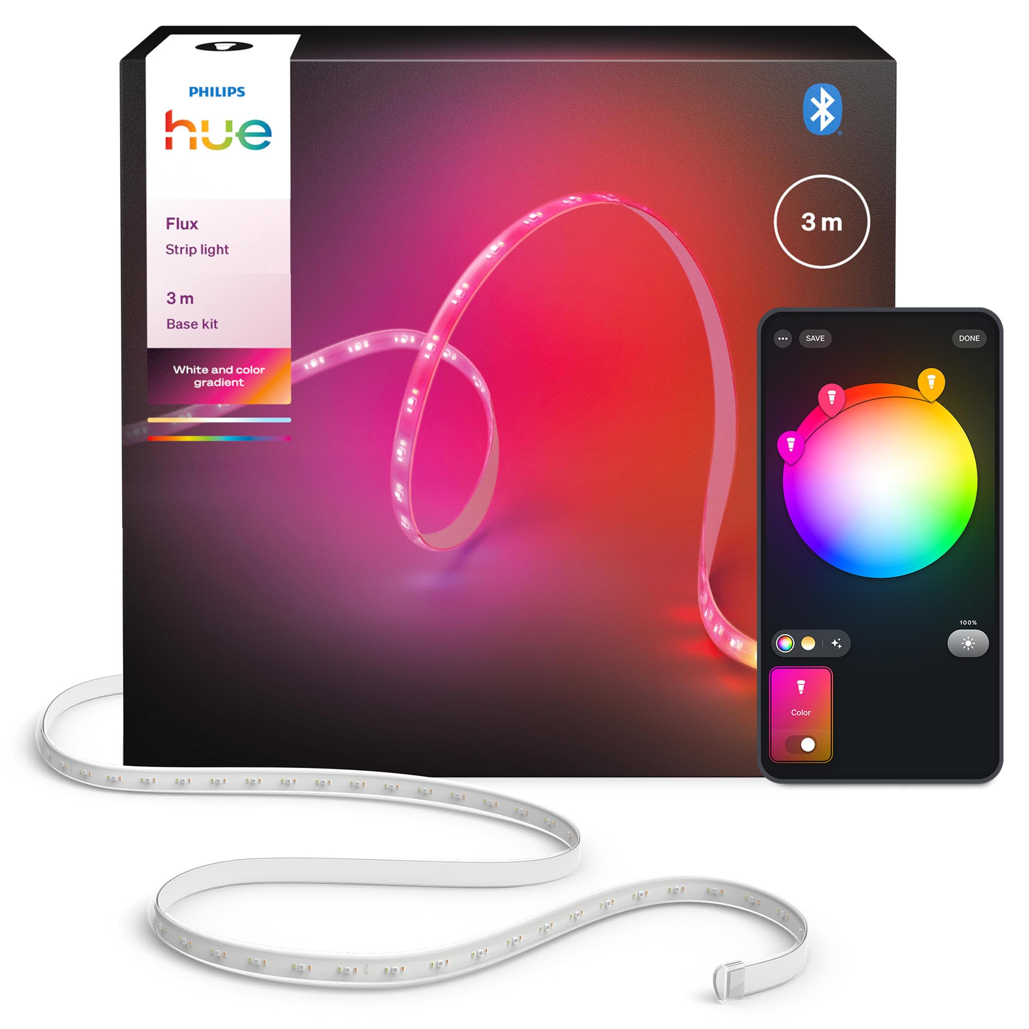 Philips Hue Flux 3m LED-Lightstrip, 1200 lm, lebendige Farben, flexible Innenbeleuchtung, Chromasync™-Farbmischung, RGBWWIC, zuschneidbar, erweiterbar, wiederverwendbar, App- und Sprachsteuerung Angebot bei HelloDeals