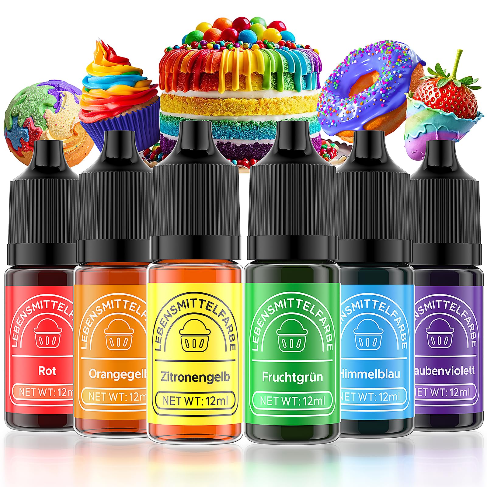 Wwtop Lebensmittelfarbe 6 Farben x12ml, Hochkonzentriert Lebensmittelfarbe Flüssig zum Backen, Lebensmittel Farben Food Coloring Set für Fondant, Christmas Kuchen, Macarons,Donuts,Kekse (Regenbogen) 6ml (12er Pack-Regenbogen) Angebot bei HelloDeals