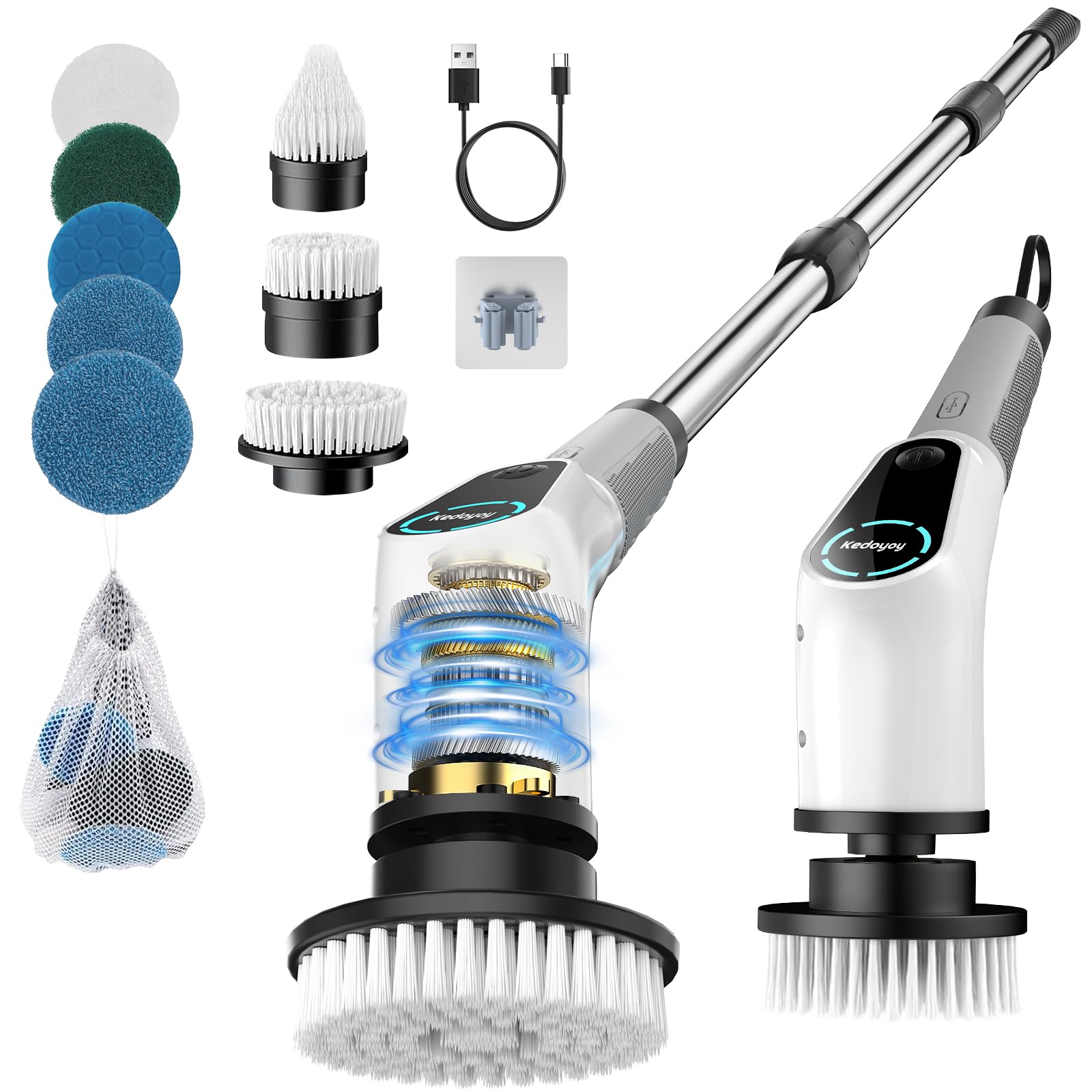 Elektrische Reinigungsbürste, 8 in 1 Electric Cleaning Brush mit austauschbaren Bohrbürstenköpfen, Wanne mopSet, Elektrische Putzbürste mit Verstellbarem Griff für Bad Küche Auto Fußboden White Angebot bei HelloDeals