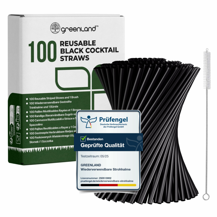 Greenland 100 Wiederverwendbare kurze Schwarze Cocktailstrohhalmen mit Bürste – 15 cm lang, 6 mm breit – Perfekt für Cocktails, ideal als Kinderstrohhalme (Trinkhalme) 100 Schwarze Cocktailstrohhalmen Angebot bei HelloDeals