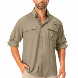 Asfixiado Hemd Herren Safari UPF50+ UV Schutz Wanderhemd Herren Langarm Funktionshemd Outdoorhemd Atmungsaktiv Schnelltrocknend Casual Button Down Shirts XXL Khaki Angebot bei HelloDeals